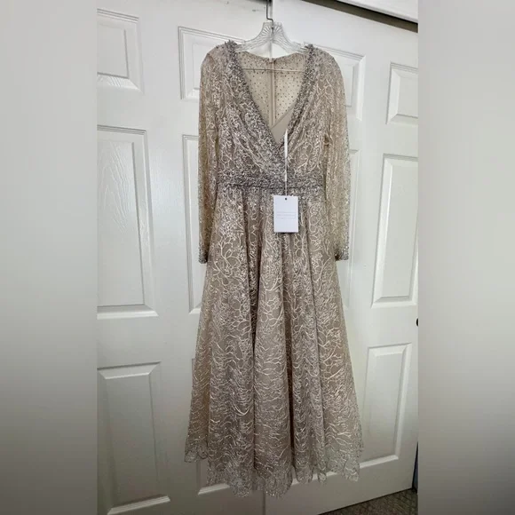 Mac Duggal | Dresses | Mac Duggal Dress Size 6 Evening Gown Silver New Midi  Wrap Over Long Sleeve Lace | Poshmark